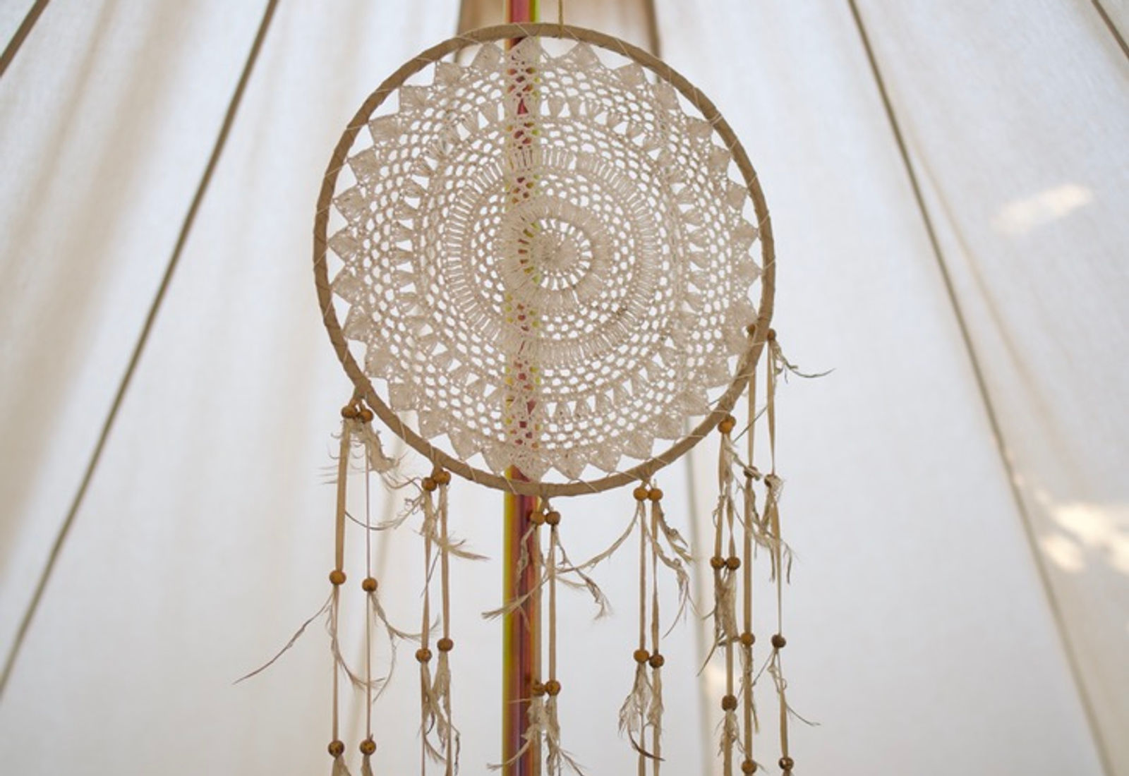 Bell tent interior with dreamcatcher