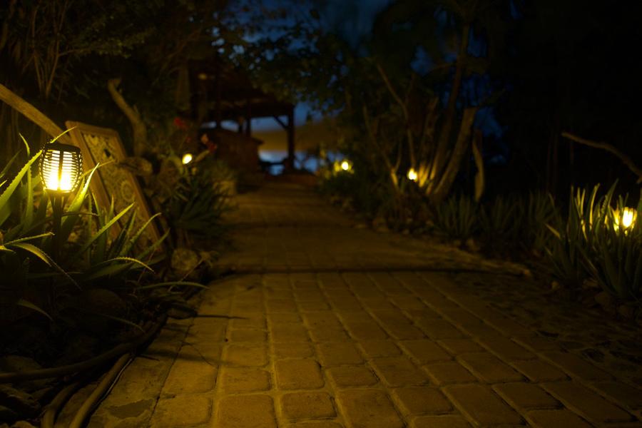 The deck lit up at night