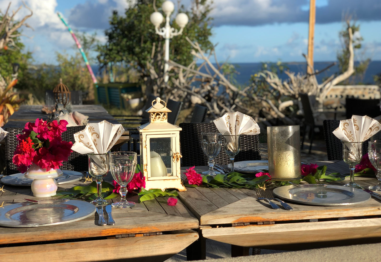 Garden dining table with ocean view